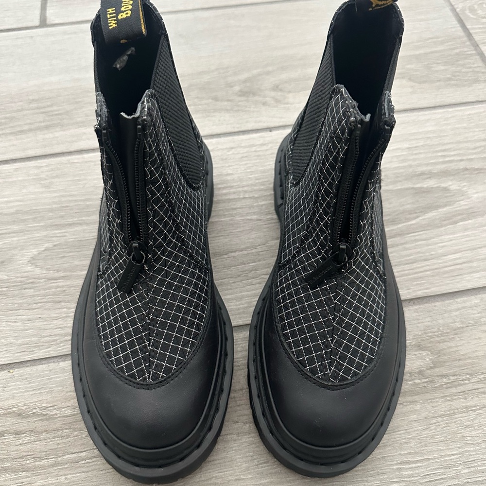 Dr. Martens Black and White Grid Pattern Boots